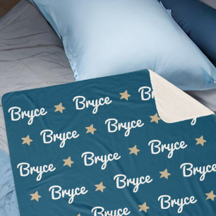 Navy Blue with Tan Stars Repeating Name Sherpa Blanket