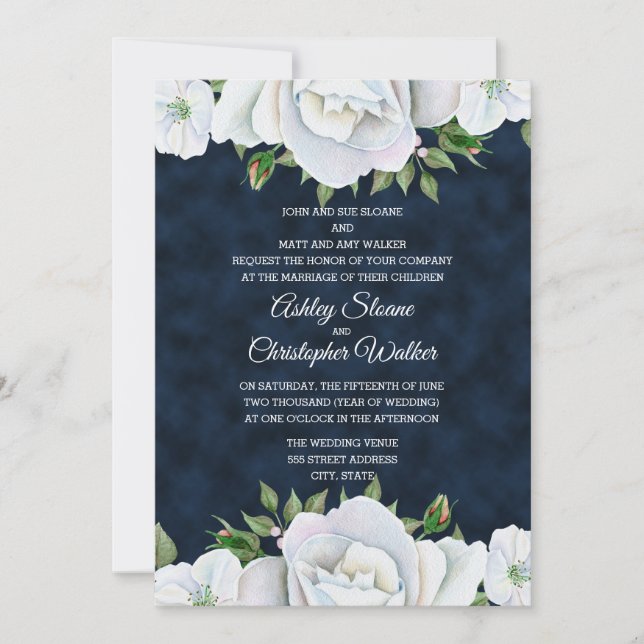 Navy Blue with White Floral Wedding Invitation (Front)