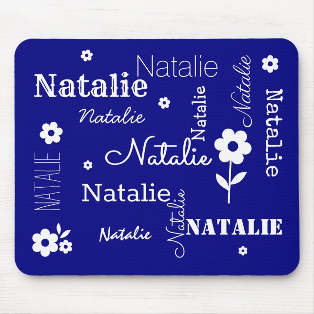Navy Blue with White Flowers, Customized Mouse Pad (Front)