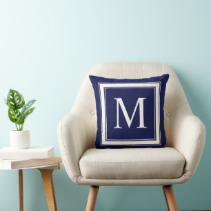 Navy Blue with White Frame Monogram Initial Throw Pillow