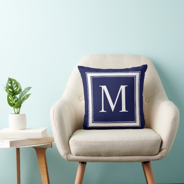 Navy Blue with White Frame Monogram Initial Throw Pillow (Chair)