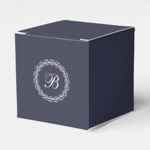 Navy Blue with White Laurel Wreath with Monogram Favor Boxes