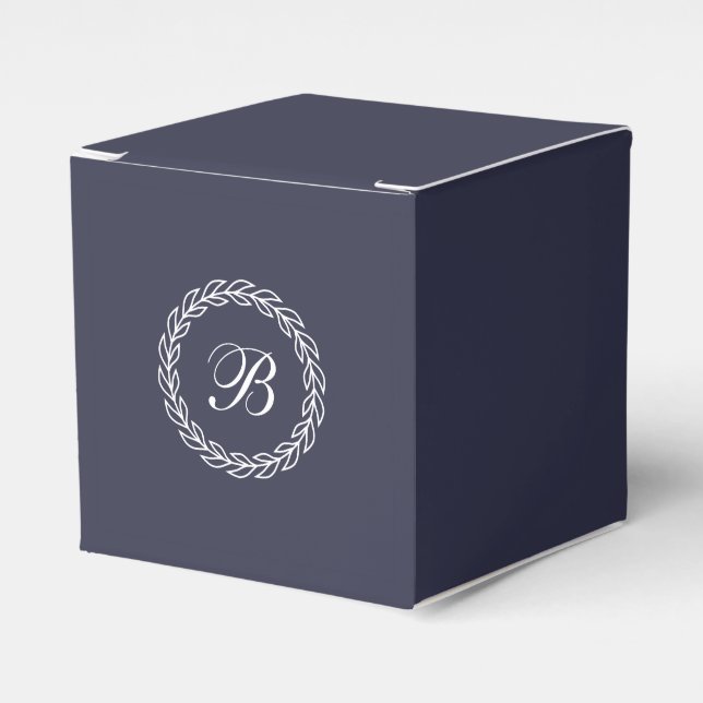 Navy Blue with  White Laurel Wreath with Monogram Favor Boxes (Front Side)
