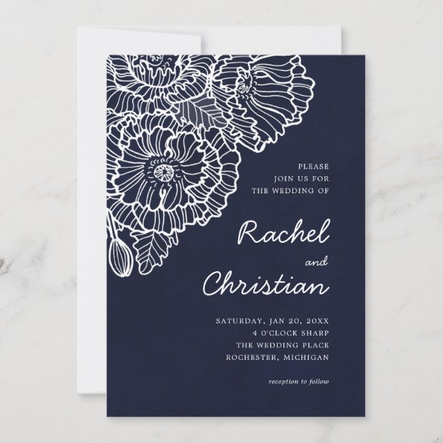 Navy blue with white line art poppy flowers invitation (Front)