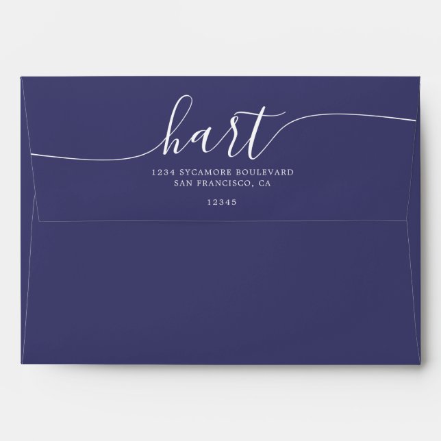 Navy Blue with White Script Return Address Envelope (Back (Top Flap))