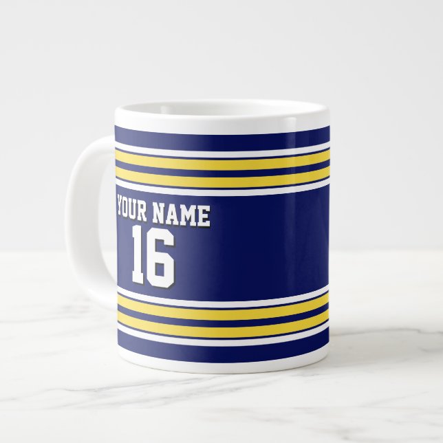 Navy Blue with Yellow White Stripes Team Jersey Giant Coffee Mug (Front Left)