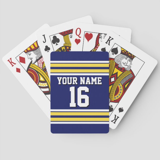 Navy Blue with Yellow White Stripes Team Jersey Poker Cards (Back)