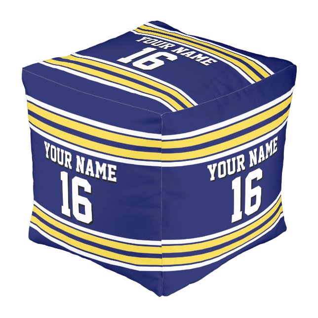 Navy Blue with Yellow White Stripes Team Jersey Pouf (Angled Front)