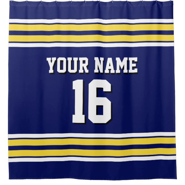 Navy Blue with Yellow White Stripes Team Jersey Shower Curtain (Front)