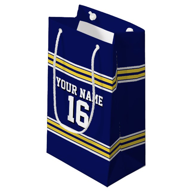 Navy Blue with Yellow White Stripes Team Jersey Small Gift Bag (Front Angled)