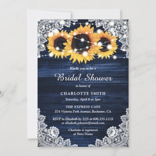 Navy Blue Wood and Lace Sunflower Bridal Shower Invitation