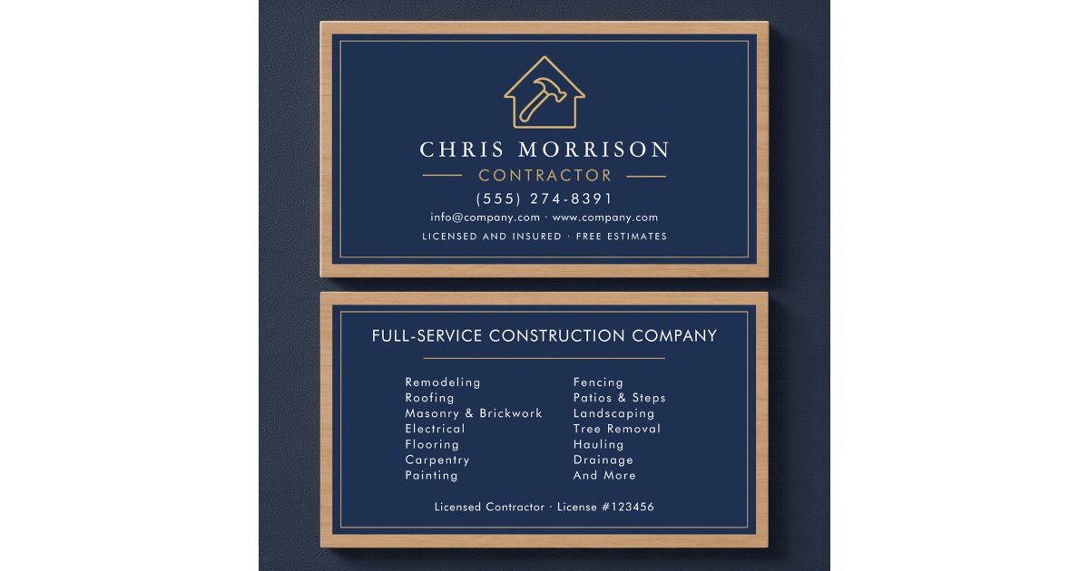 Navy Blue Wood Building Construction Business Card | Zazzle