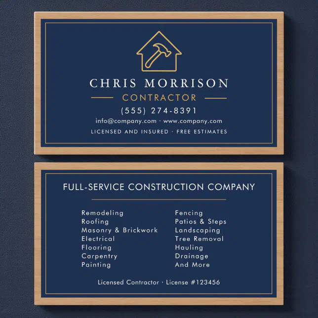 Navy Blue Wood Building Construction Business Card | Zazzle