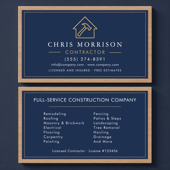 Navy Blue Wood Building Construction Business Card
