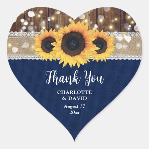 Navy Blue Wood Burlap Lace Sunflower Wedding Heart Sticker