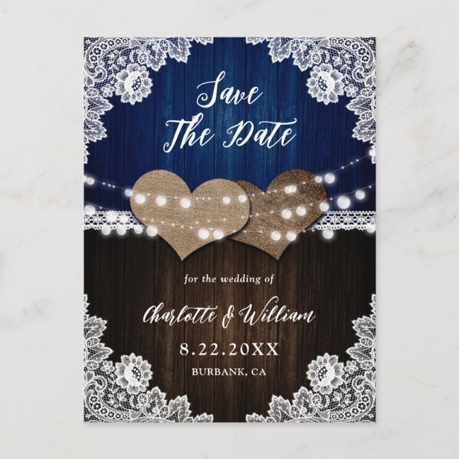 Navy Blue Wood Burlap Lace Wedding Save The Date Announcement Postcard (Front)
