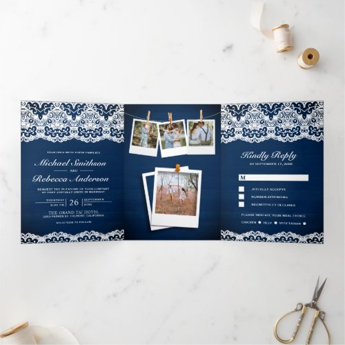 Navy Blue Wood Country Lace Photo Collage Wedding Tri_Fold Invitation