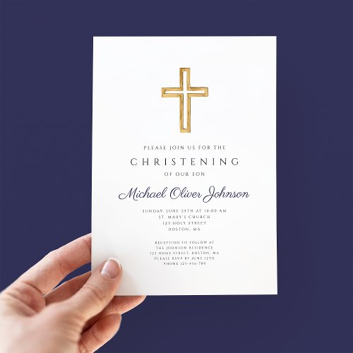 Navy Blue Wood Cross Religious Boy Christening  Invitation
