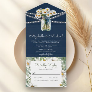 Navy Blue Wood Daisies Floral Mason Jar Wedding All In One Invitation