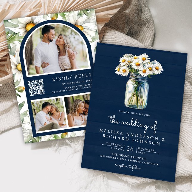 Navy Blue Wood Daisies Mason Jar QR Code Wedding Invitation (Creator Uploaded)