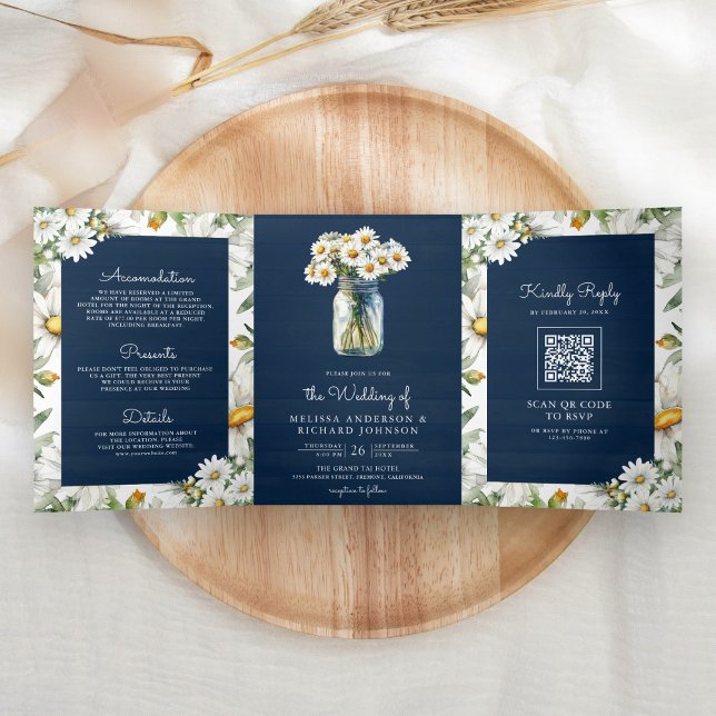Navy Blue Wood Daisies Mason Jar QR Code Wedding Tri-Fold Invitation (Creator Uploaded)