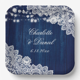 Navy Blue Wood Floral Lace String Lights Wedding Paper Plates