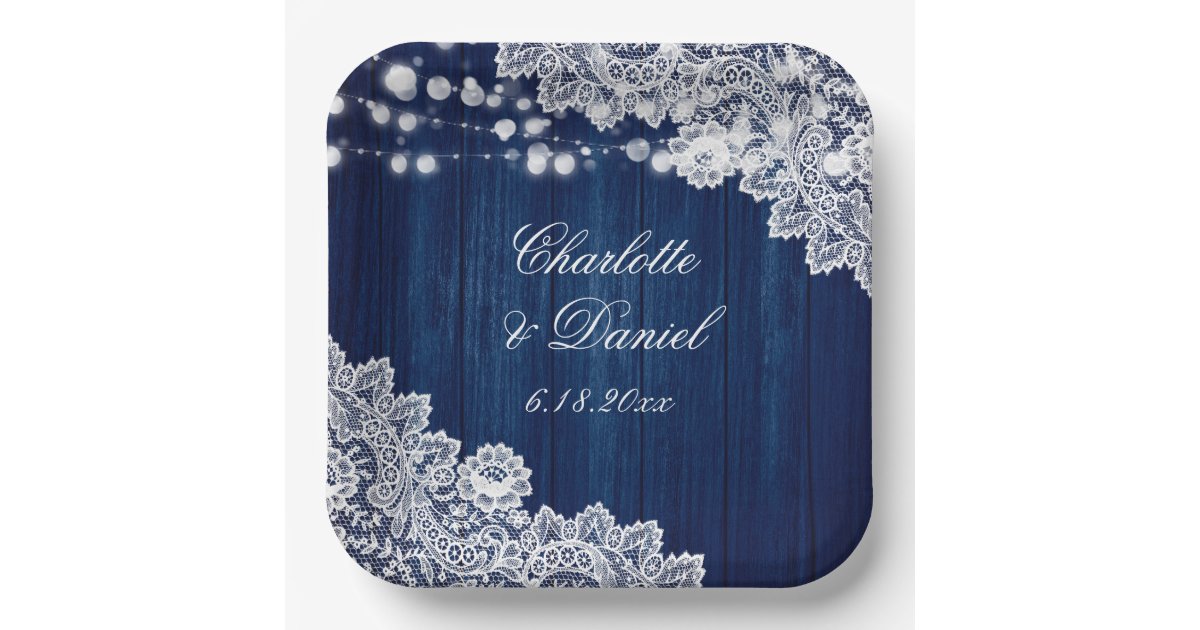 Navy Blue Wood Floral Lace String Lights Wedding Paper Plates | Zazzle