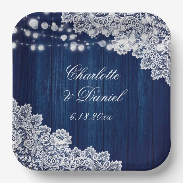 Navy Blue Wood Floral Lace String Lights Wedding Paper Plates (Front)