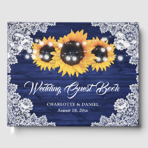 Navy Blue Wood Floral Lace Sunflower Wedding Guest Book