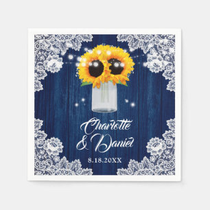 Navy Blue Wood Floral Lace Sunflower Wedding Napkins