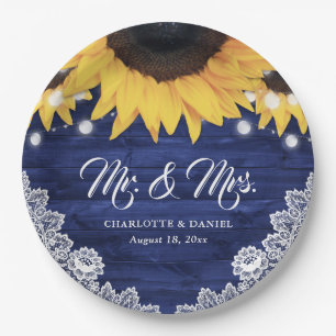Navy Blue Wood Floral Lace Sunflower Wedding Paper Plates