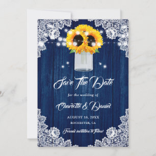 Navy Blue Wood Floral Lace Sunflower Wedding Save The Date