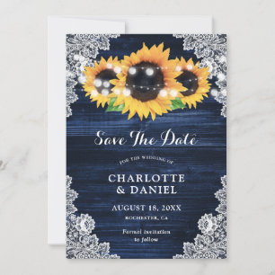 Navy Blue Wood Floral Lace Sunflower Wedding Save The Date