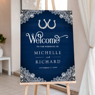 Navy Blue Wood Horseshoe Lace Wedding Welcome Sign