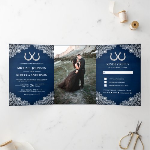 Navy Blue Wood Horseshoes Lace Wedding Photo Tri_Fold Invitation