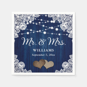 Navy Blue Wood Lace Hearts String Lights Wedding Napkins