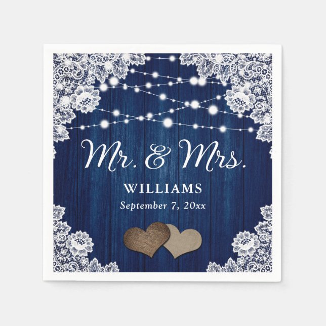 Navy Blue Wood Lace Hearts String Lights Wedding Napkins (Front)