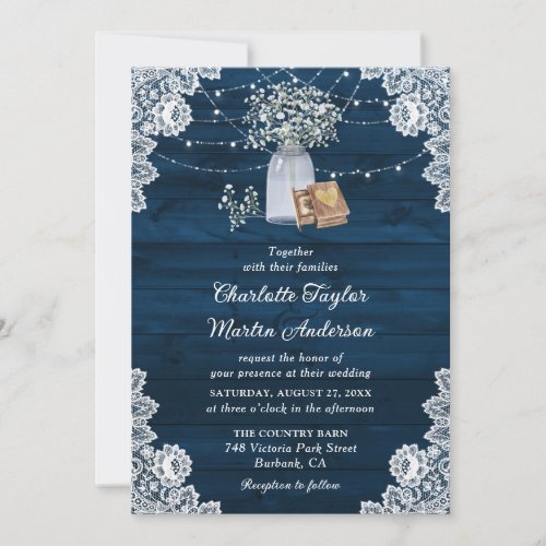 Navy Blue Wood Lace Lights Babys Breath Wedding Invitation