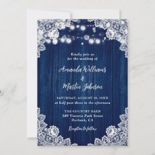 Navy Blue Wood Lace Romantic Rustic Chic Wedding Invitation
