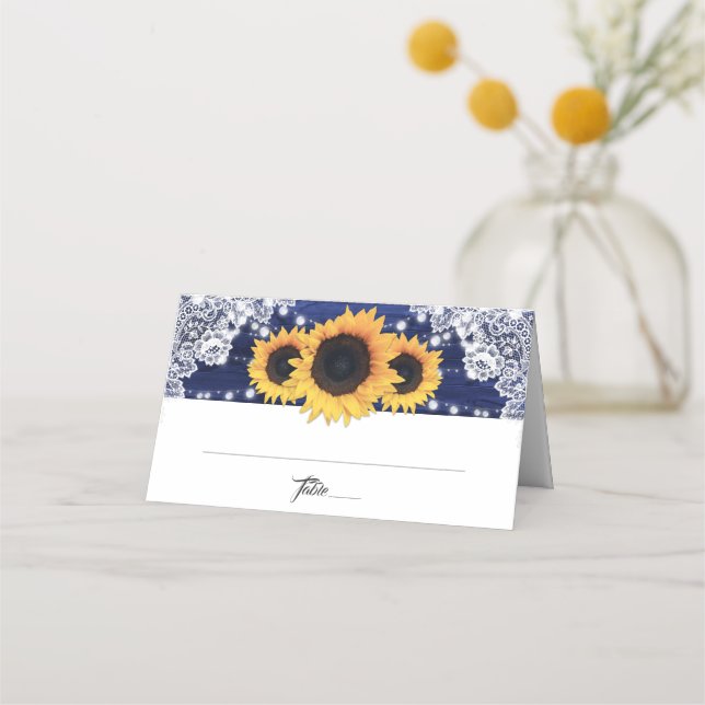 Navy Blue Wood Lace String Lights Sunflower Place Card (Front)