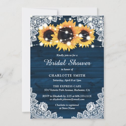 Navy Blue Wood Lace Sunflower Bridal Shower Invitation
