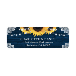 Navy Blue Wood Lace Sunflower Return Address Label