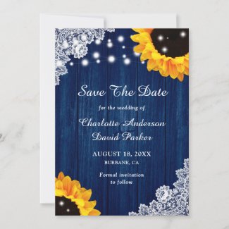 Navy Blue Wood Lace Sunflower Save The Date Cards