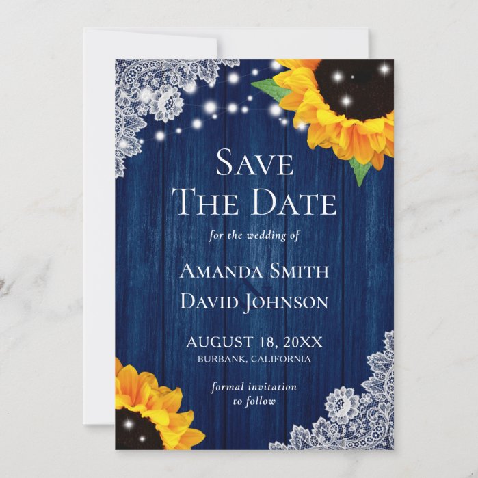 Navy Blue Wood Lace Sunflower Save The Date Cards