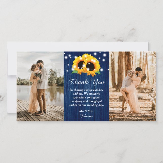 Navy Blue Wood Lace Sunflower Thank You Photo Card (Front)