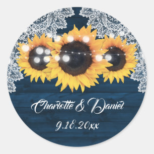 Navy Blue Wood Lace Sunflower Wedding Favor Classic Round Sticker
