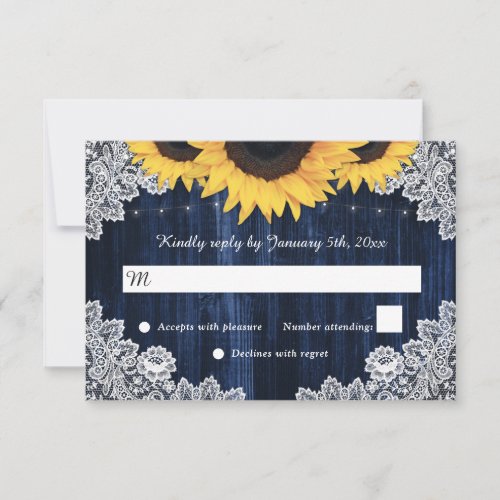 Navy Blue Wood Lace Sunflower Wedding RSVP Cards