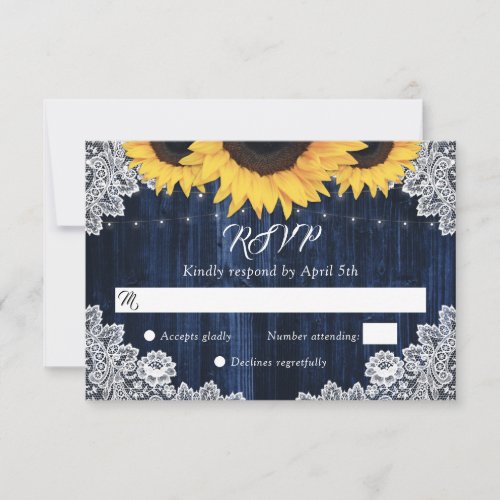 Navy Blue Wood Lace Sunflower Wedding RSVP Cards