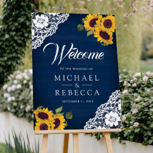 Navy Blue Wood Lace Sunflower Wedding Welcome Sign
