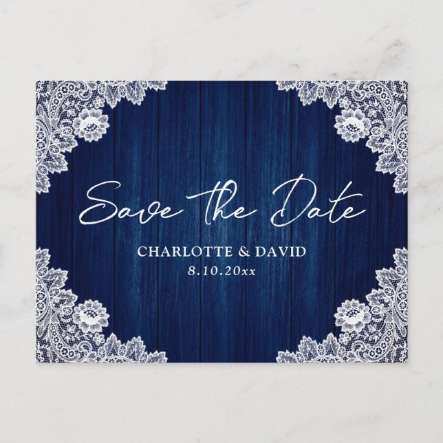 Navy Blue Wood Lace Wedding Save The Date Postcard (Front)